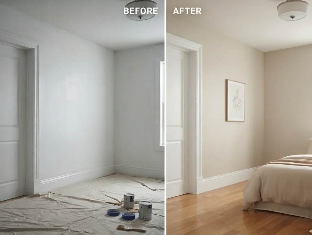 Repainted bedroom interior with a fresh neutral finish by Paint It Fresh