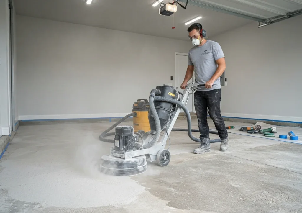 Concrete floor being profiled and prepped before coating by Paint It Fresh