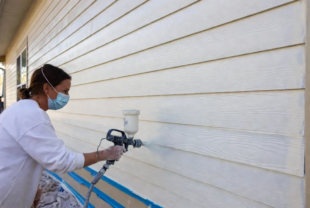 Professional painter applying weather-resistant exterior paint to siding
