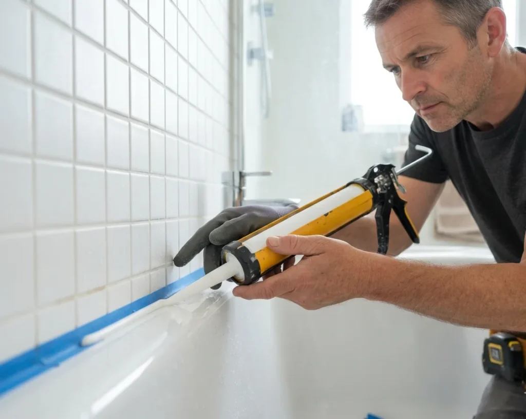 Handyman applying fresh caulk to seal a seam by Paint It Fresh