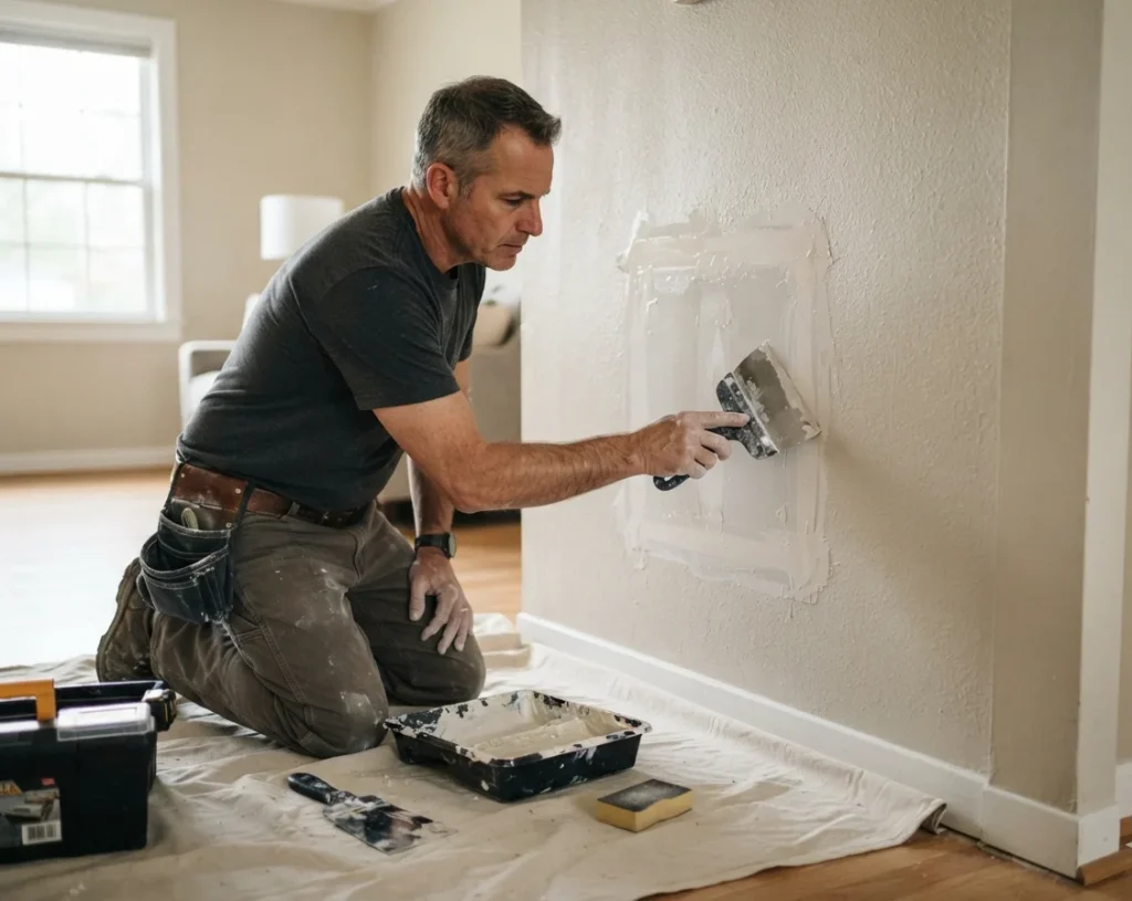 Paint It Fresh handyman patching a drywall repair on an interior wall