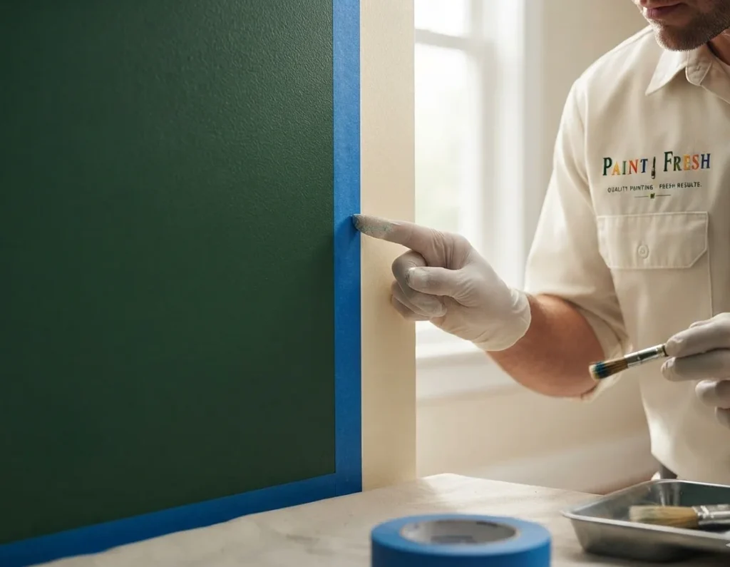 Crisp taped line between two wall paint colors by a professional painter